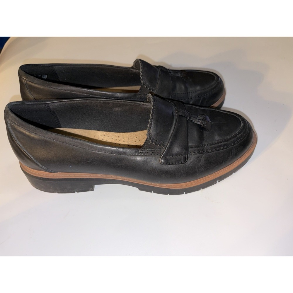 CLARKS Westlyn Bella Tassel Leather Shoes Womens Size 9 Wide Slip On Work - Picture 3 of 6